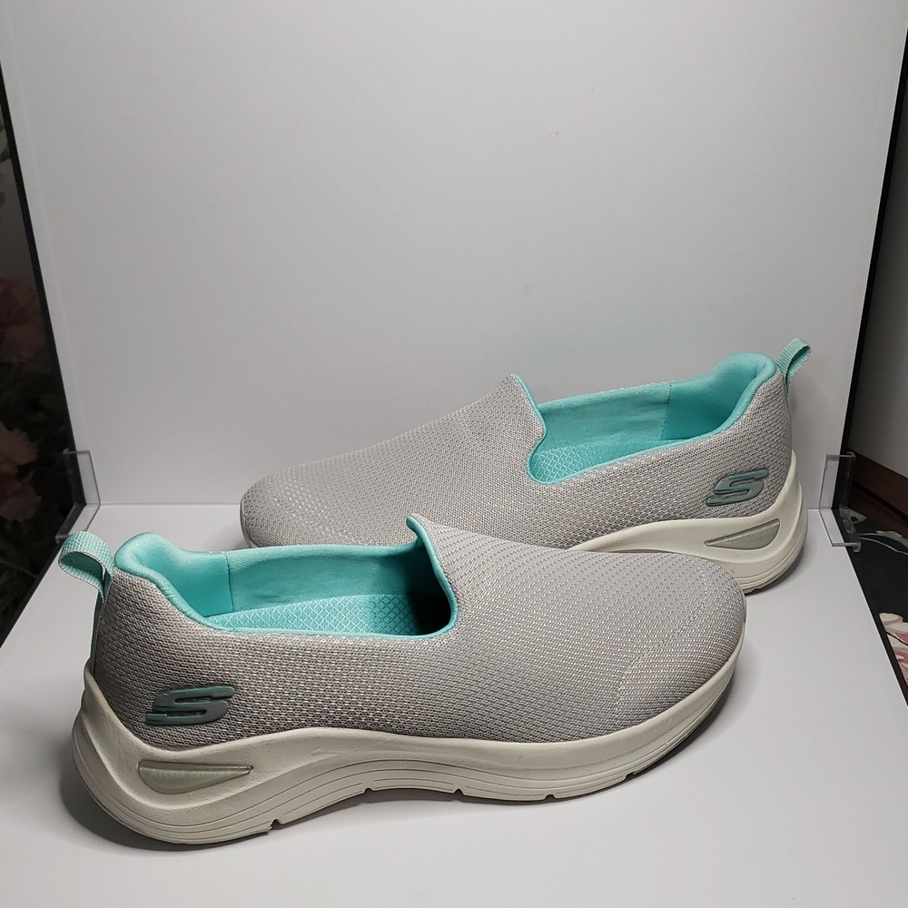 Skechers Women's Arch Comfort slip-on athletic sneakers in gray and teal.